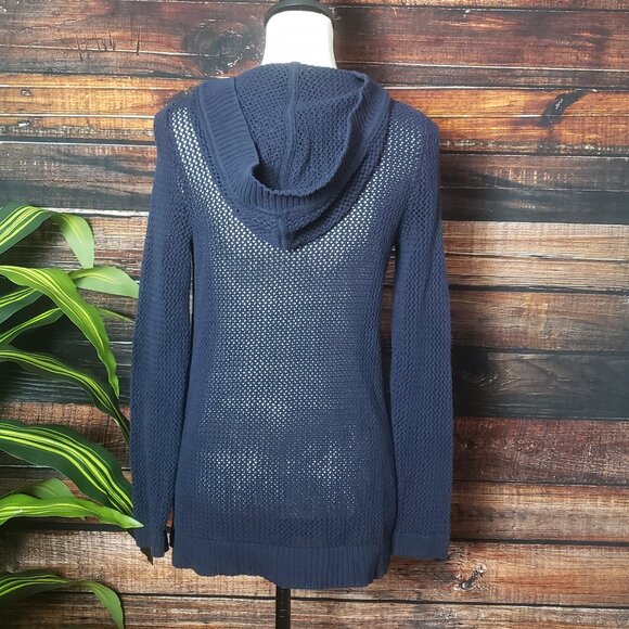 Talbots Medium Petite Open Hooded Loose Knit Cardigan Sweater Navy Blue Cotton - Picture 3 of 8